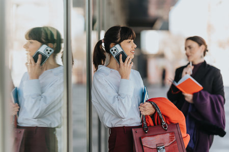 Professional women interacting outdoors during a collaborationの写真素材