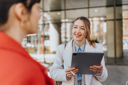 Two businesswomen engaging in collaboration outdoors with digital technologyの写真素材