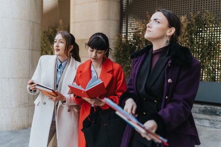 Three businesswomen engaging in an outdoor discussion with books