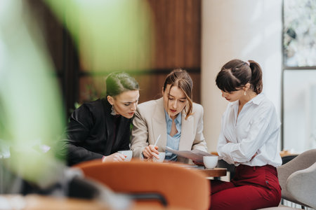 Three businesswomen collaborating on a project, discussing details in a modern office setting.の写真素材