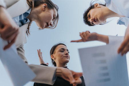 Three women collaborate outdoors while discussing documents in a team meeting
