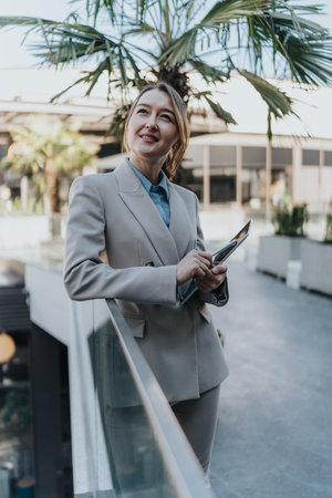 Confident female entrepreneur with digital tablet standing outdoors near lush foliage backgroundの写真素材