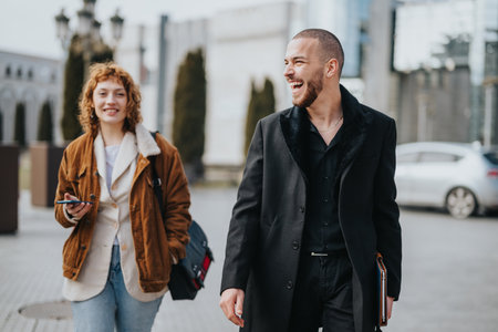 Two smiling professionals walking outdoors in urban areaの写真素材