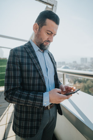 Businessman checking smart phone on a balcony with city viewの写真素材