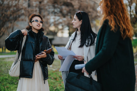 Group of women discussing innovative ideas outdoors in a professional meetingの写真素材