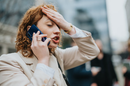Woman on a phone call expressing concern in an urban outdoor setting, showing emotion and stressの写真素材