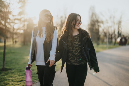 Two female teenagers sharing a laugh while walking together outdoors in the parkの写真素材