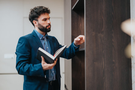 Serious professional businessman examining a bookshelf while holding an open book in a modern office settingの写真素材