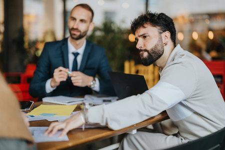 Colleagues discussing a project during an informal business work sessionの写真素材