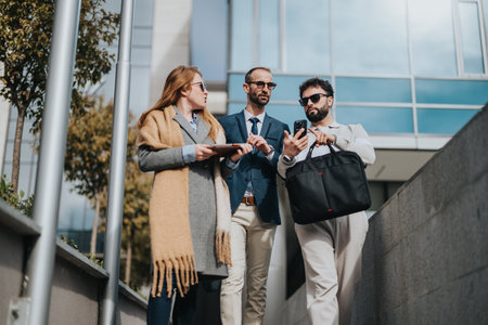 Group of people discussing work while walking outside an office buildingの写真素材