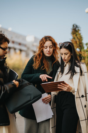 Group of young women discussing work plans outdoors during sunny dayの写真素材