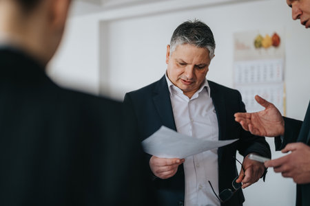 Business people reviewing documents during a collaborative meeting in an office settingの写真素材
