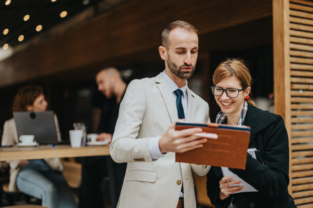Colleagues collaborating outdoors while reviewing a document with a tabletの写真素材