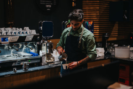 Barista preparing a hot coffee beverage in a modern cafe settingの写真素材
