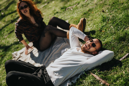 Couple enjoying a sunny day outdoors on a picnic blanketの写真素材