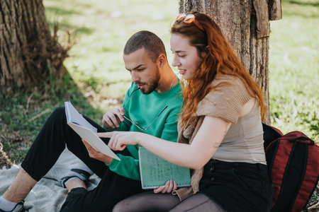 Young friends studying together in a park and exchanging ideas outdoorsの写真素材