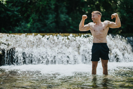 Man enjoying nature while standing in a serene waterfallの写真素材