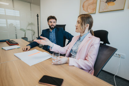 Business professionals engaged in discussion at a modern office setting with documents on the table