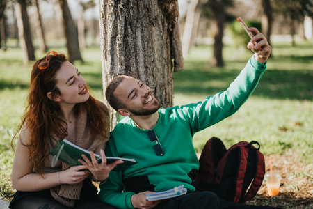 Couple taking a selfie while studying together in a sunny park settingの写真素材