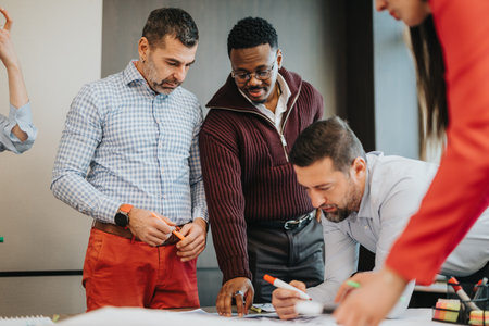 Business team collaborating on a project in a modern office environment