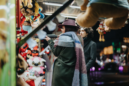 Couple Enjoying a Winter Carnival Shooting Game at Nighttimeの写真素材