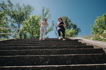 Two women jogging downstairs outdoors on a sunny day surrounded by lush greenery