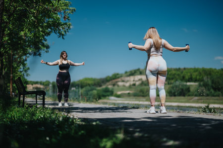 Women Exercising Outdoors Using Dumbbells for Weight Loss in a Scenic Parkの写真素材