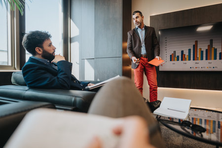 Business professionals discussing analytics in a modern office settingの写真素材