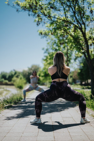 Two women performing outdoor exercises in a sunny park setting with a paved pathway and trees.の写真素材