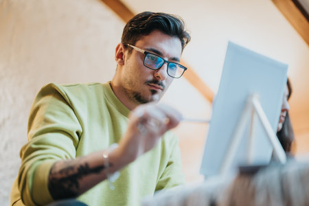 Man Concentrating While Painting on Canvas During Creative Art Sessionの写真素材