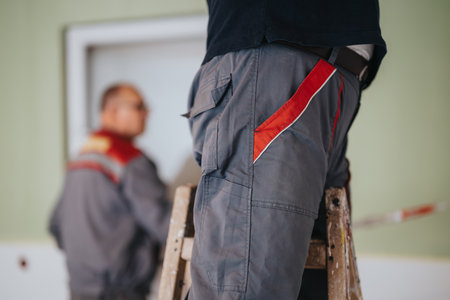 Close-up of two workers in uniforms carrying out maintenance inside a brightly lit building interiorの写真素材