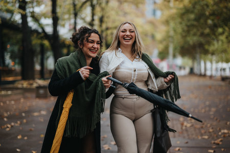 Two friends enjoying a walk outdoors during a pleasant autumn dayの写真素材