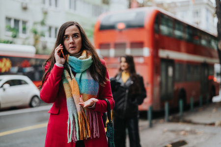 Woman Walking Through a City Street While Talking on a Smart phoneの写真素材