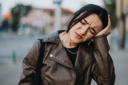 Woman expressing frustration and headache in urban outdoor settingの写真素材