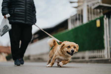 Active dog walks energetically on a leash with an owner on a suburban streetの写真素材