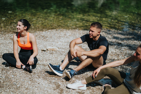 Group of friends relaxing by a river enjoying nature and good weatherの写真素材