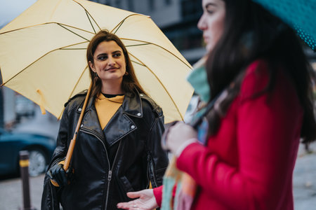 Two women sharing a friendly moment in the city on a rainy day under colorful umbrellasの写真素材