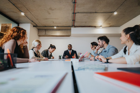 Diverse group of people engaging in a discussion in a modern office spaceの写真素材