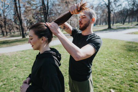 Young man helps a teenage girl tie her hair during an outdoor exercise in a sunny parkの写真素材