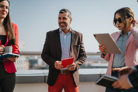 Diverse Team of Professionals Collaborating Outdoors During Daylight