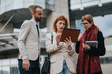 Three business professionals discussing plans while referring to a digital tablet outdoorsの写真素材