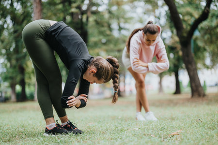 Two women stretching exercises outdoors in a park setting for fitness activityの写真素材