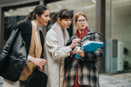 Three young businesswomen reviewing documents outdoors in an urban setting