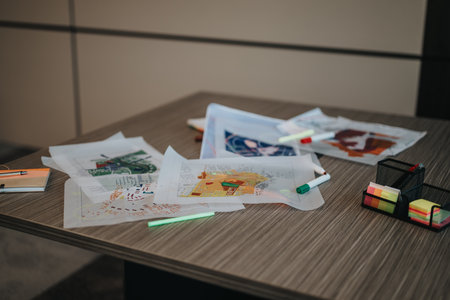 Scattered documents and colorful materials on a desk in an office environmentの写真素材