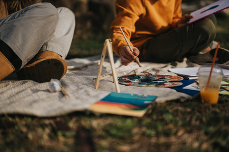 Two people enjoying outdoor painting together on a sunny dayの写真素材