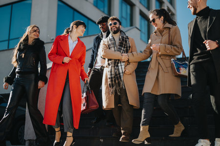 Group of diverse friends laughing together outdoors in the cityの写真素材