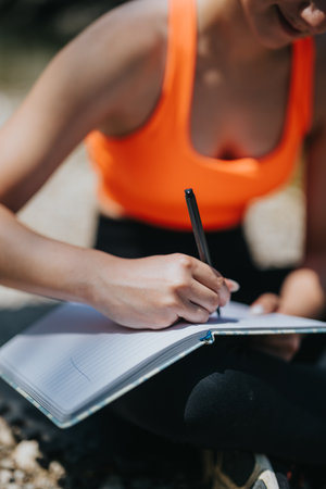 Woman Writing Ideas in Notebook Outdoors During Daytimeの写真素材