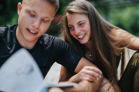 Young couple enjoying quality time and smiling outdoors in natural surroundingsの写真素材
