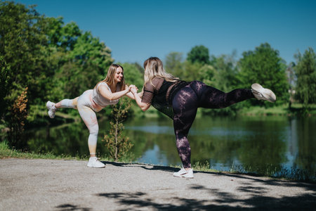 Two women performing yoga stretches outdoors by a lake during a fitness routineの写真素材