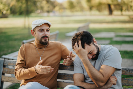 Two friends having a deep conversation on a bench in the parkの写真素材